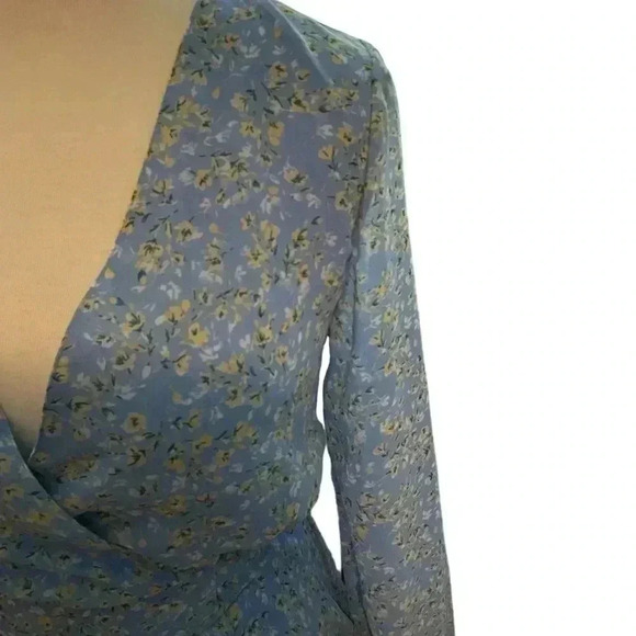 Light Blue with Yellow Floral Japna Long Sleeve Smocked Waist Mini Dress Size L - Picture 8 of 13